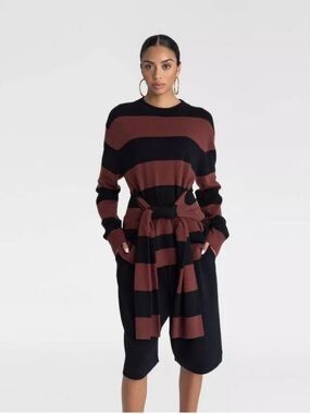 Striped Tie-Waist Long Sleeve Dress in Black and Brown